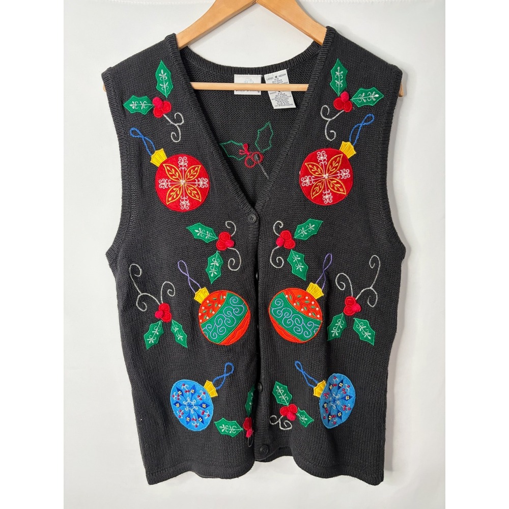 Vintage Bobbie Brooks Knit Vest Sz M Christmas Ornament Holly Embroidered Retro